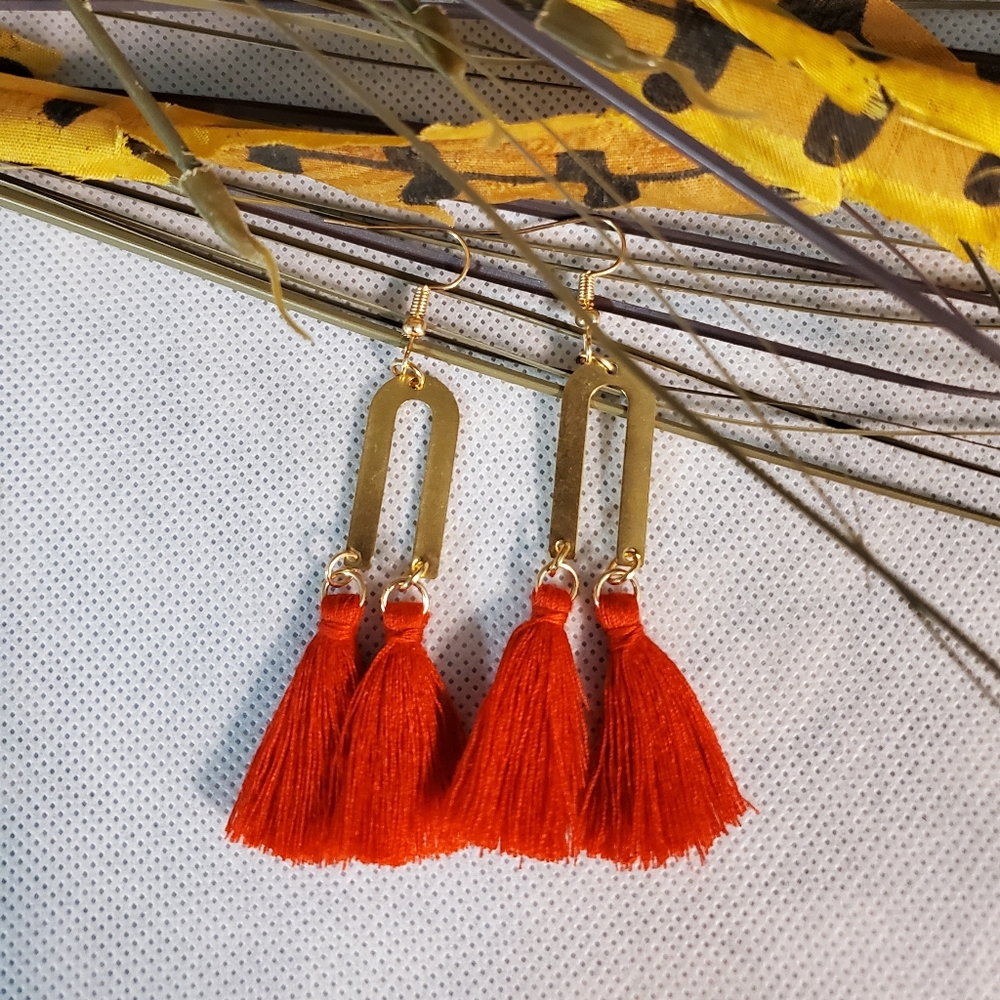 Brass Arch and Red Tassel Earrings